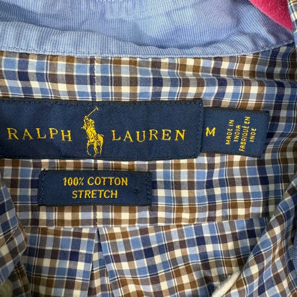 Ralph Lauren Button Down Shirt Mens Medium Blue Plaid Cotton Stretch Long Sleeve
